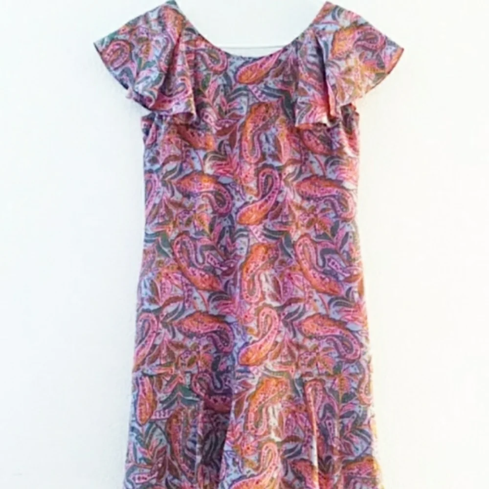 J Crew Purple Pink Paisley Print Silk Flutter Sleeve Dress Sz 00